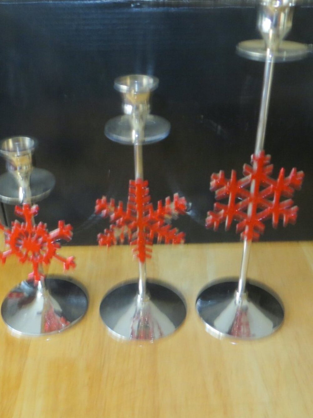 International Silver Co Set of 3 Red Metal Snowflake Candle Holders Christmas